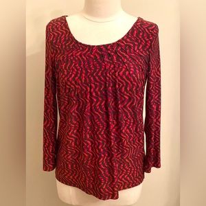 Rafaella Red Brown Patterned Pleated Neck Long Sleeve Soft Business Career Top M